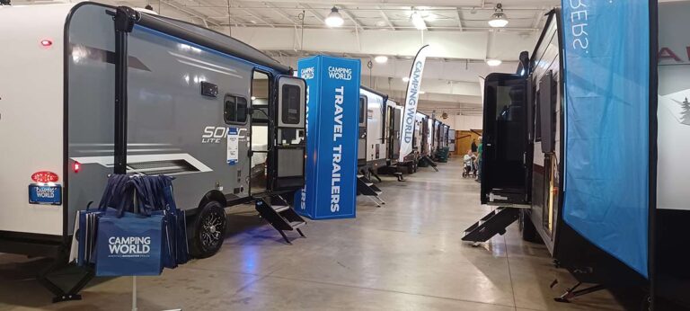 Row of Camper dealers at the RV & Boat Show on the EAA Grounds in Oshkosh.